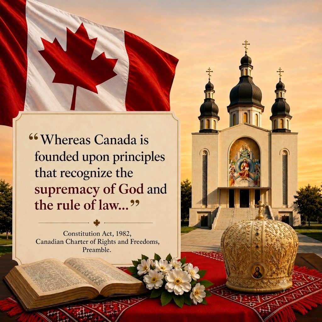 Picture of Canadian flag, Holy Trinity Metropolitan Cathedral church, mitre and gospel